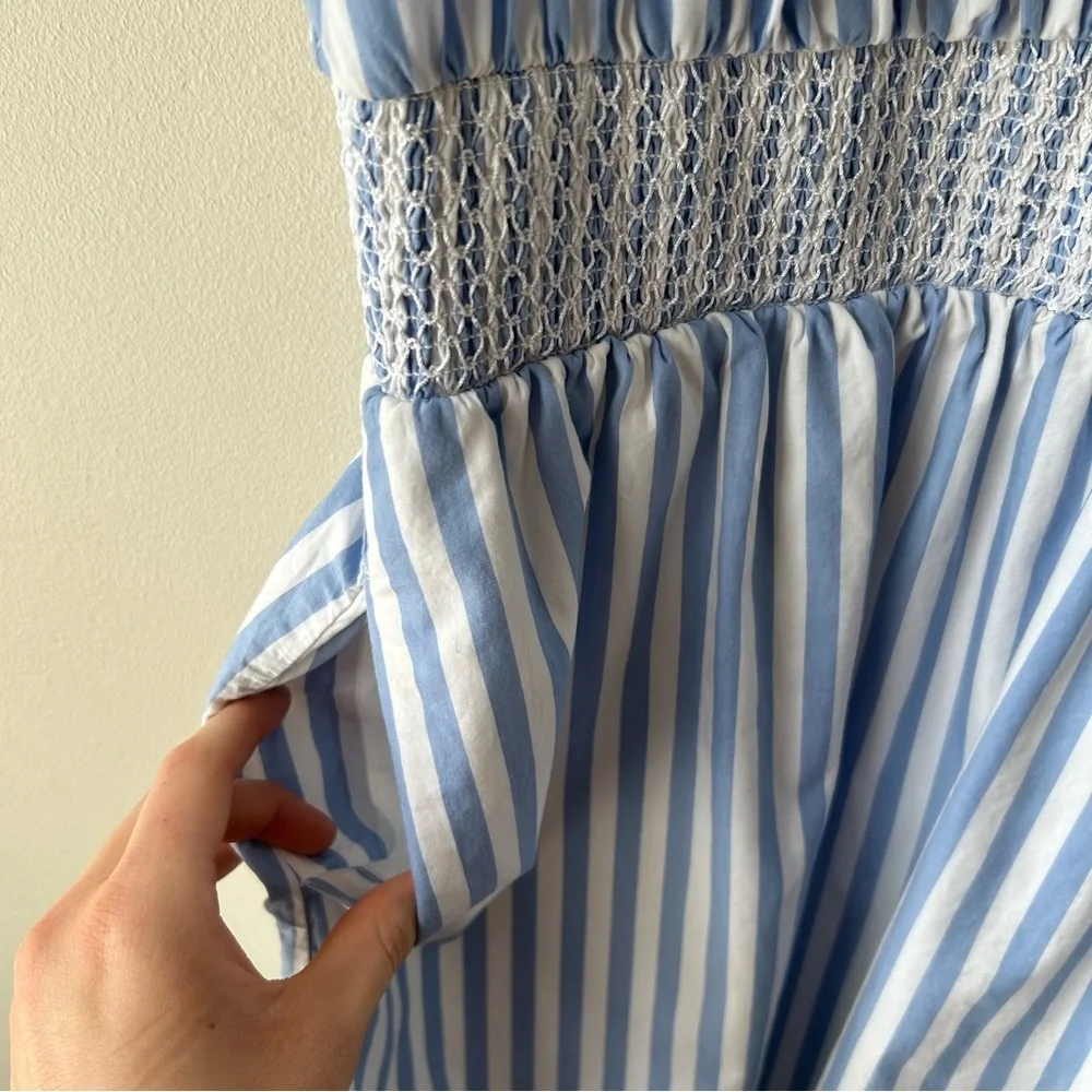 J. Crew 100% cotton Smocked puff-sleeve poplin dress in stripe blue white S